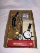 A boxed Tri-ang warbler mouth organ, Port spring wrist stopwatch, miniature kukri etc