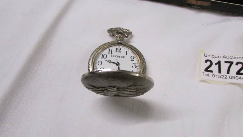 A cased silver handled shoe horn and button hook, a pickle fork and a modern pocket watch. - Image 5 of 5