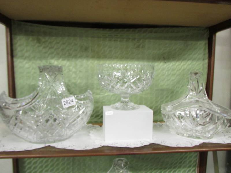 Two cut glass baskets and a cut glass bowl, COLLECT ONLY.