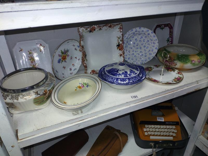 A mixed lot of ceramics including tureen, dishes & cake stand etc.