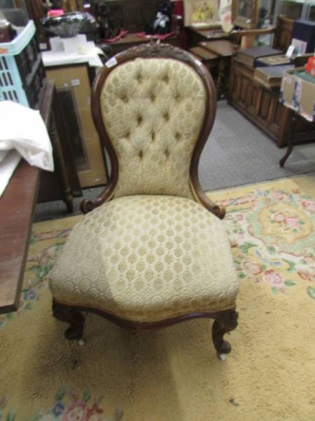 A Victorian mahogany cabriole leg ladies chair. COLLECT ONLY.
