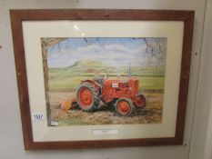 A framed and glazed print of watercool - tractor "Nuffield at Work" by Trevor Mitchell (frame a/f)
