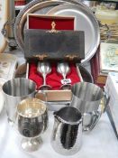 3 Stainless steel trays, cased pair goblets, etc.,