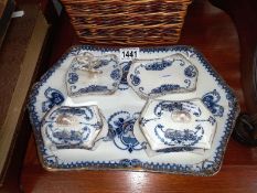 A gilt edged floral blue & white porcelain dressing table set (no candlestick holders)