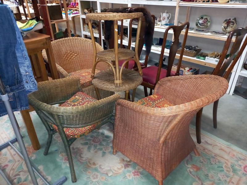 Three wicker conservatory chairs and two small tables, COLLECT ONLY.