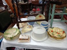 A selection of porcelain kitchen ware including 2 salad bowls, Greens Cornish ware, cake stand &
