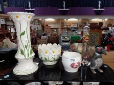 A jardiniere on stand, a planter, glass bubble temperature gauge & penguin figurine etc. COLLECT