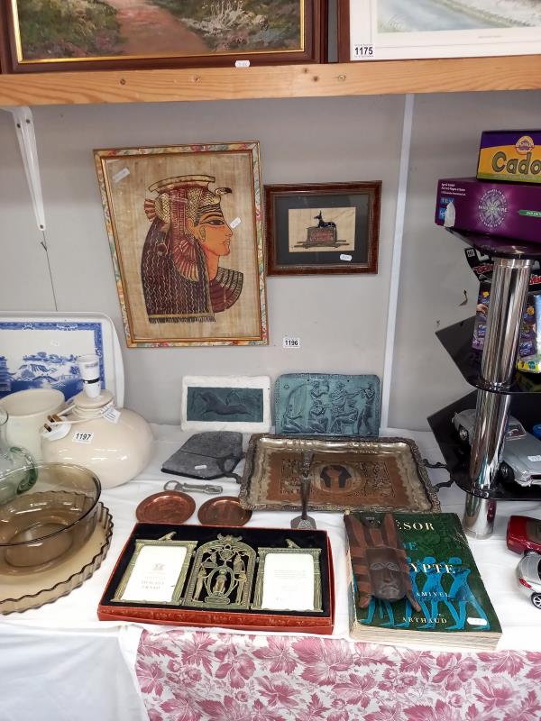 A mixed lot of Egyptian items including tin tray, past times photo frame, plaques, 2 papyrus