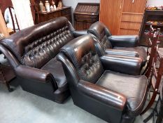 A dark brown leather three piece suite, COLLECT ONLY.
