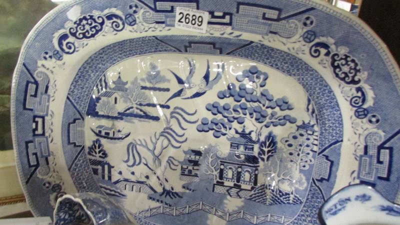 A large blue and white meat platter, 2 Spode dishes and a blue and white jug. COLLECT ONLY. - Image 2 of 3
