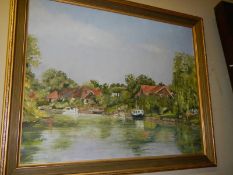 An oil on board painting of a river scene signed Gwen Davis, 56 x 68 cm. COLLECT ONLY.