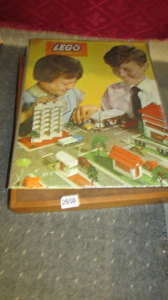 An early Lego wooden box with large fold over road way. COLLECT ONLY.
