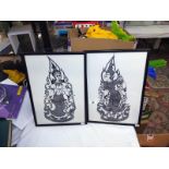 2 framed and glazed South East Asian lace pictures of man and woman (collect only)