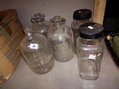 2 vintage sweet shop glass display jars and 3 demijohns