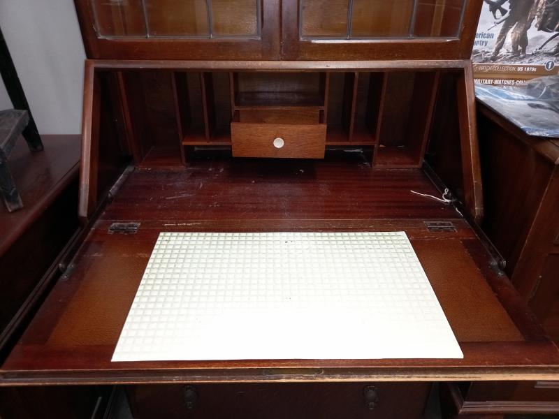 A 1930's oak bureau bookcase with leaded glass doors COLLECT ONLY. - Image 3 of 3