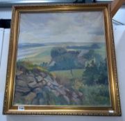 A large gilt framed oil on canvas of farmland. signed E. Giessing. 76cm x 71cm. COLLECT ONLY.