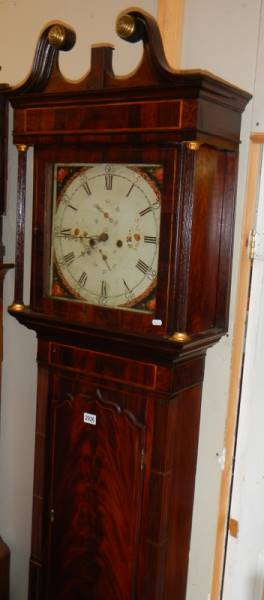 An 8 day painted dial Grandfather clock with string inlay, complete with wieghts and pendulum.