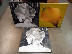 3 Prints on canvas, one yellow flower and tw0 'glamour' lady heads. 60 cm square, COLLECT ONLY.