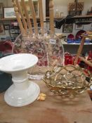 A large glass bowl, a porcelain pedestal and a gilt lattice porcelain fruit bowl, COLLECT ONLY.