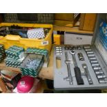A tool box of spanners/screws etc., 2 boxes of assorted screws and a box of sockets, COLLECT ONLY.