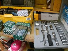 A tool box of spanners/screws etc., 2 boxes of assorted screws and a box of sockets, COLLECT ONLY.