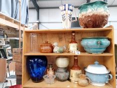 3 shelves of glass/ceramics including 2 Bells whisky (empty)