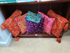 5 cushions with oriental floral designs & an oriental design bag