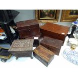 A Georgian/Victorian tea caddy for restoration plus writing box and inlaid card box and others