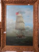A large oil on canvas painting of a tall ship signed Wilcox-Eaton, COLLECT ONLY.