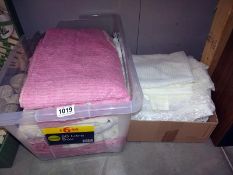 2 boxes containing single candewick duvet cover, curtains, net curtains, throw etc