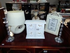 A pair of polished aluminium candlesticks, shabby chic photo frame, jewellery stand, etc