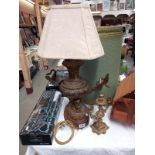 An old ornate table lamp a/f and a brass candelabra, COLLECT ONLY.