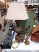 An old ornate table lamp a/f and a brass candelabra, COLLECT ONLY.