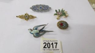 A vintage swallow brooch, a micro mosaic brooch and three other vintage brooches.