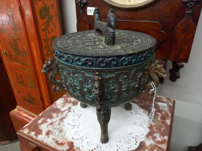 A Chinese lidded cauldron on three feet. - Image 3 of 4