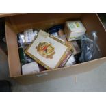 A box of miscellaneous tools, room thermostat etc.,