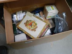 A box of miscellaneous tools, room thermostat etc.,