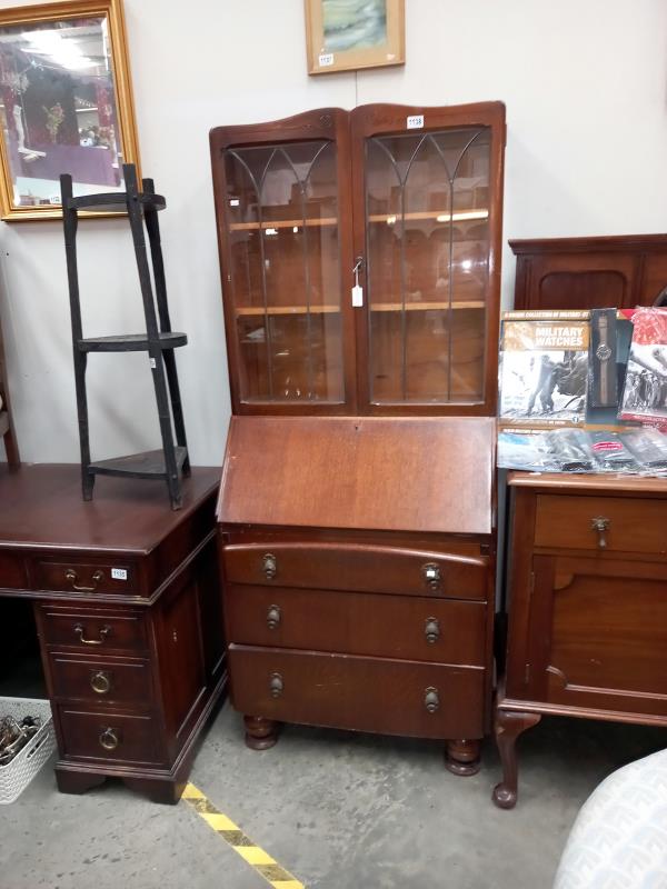 A 1930's oak bureau bookcase with leaded glass doors COLLECT ONLY.