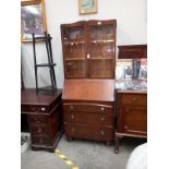 A 1930's oak bureau bookcase with leaded glass doors COLLECT ONLY.