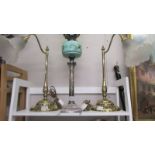A pair of good quality brass reading lamps with glass shades, COLLECT ONLY.