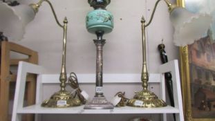 A pair of good quality brass reading lamps with glass shades, COLLECT ONLY.