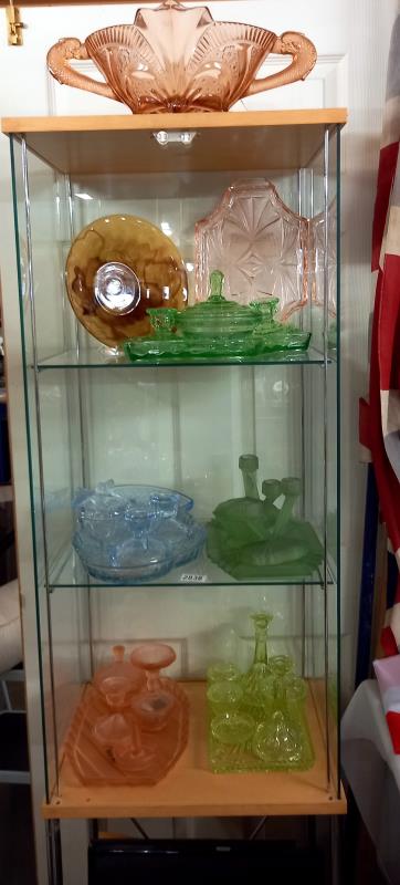 Five coloured glass trinket sets, a cloud glass bowl etc., COLLECT ONLY.