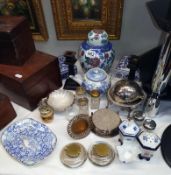 A miscellaneous lot including Victorian inkwells, cruets, Chinese teapot, ginger jar etc