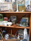 3 shelves of household items including tins, cooking utensils, lamps etc., COLLECT ONLY.