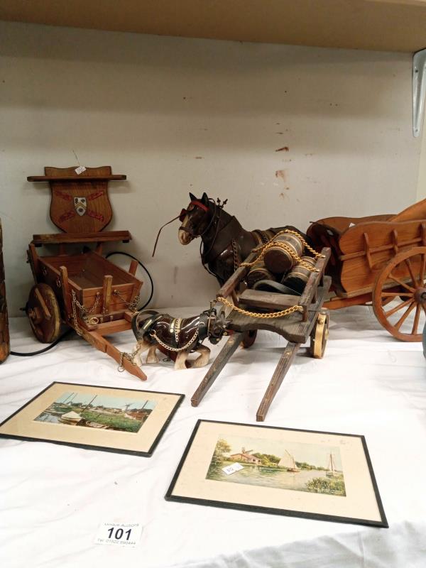 A vintage collection of horse & carts, a Coat of Arms & a pair of sailing prints dated 1943