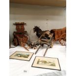 A vintage collection of horse & carts, a Coat of Arms & a pair of sailing prints dated 1943