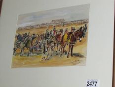 A watercolour painting of seaside donkeys on the beach signed Margaret Harvey and titled 'Rhyl 1890'