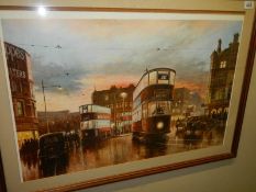 A framed and glazed print of a street scene with trams. COLLECT ONLY.