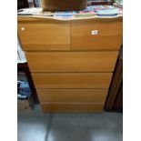 A pine effect bedroom chest of drawers. 81cm x 49cm x height 123cm. COLLECT ONLY.