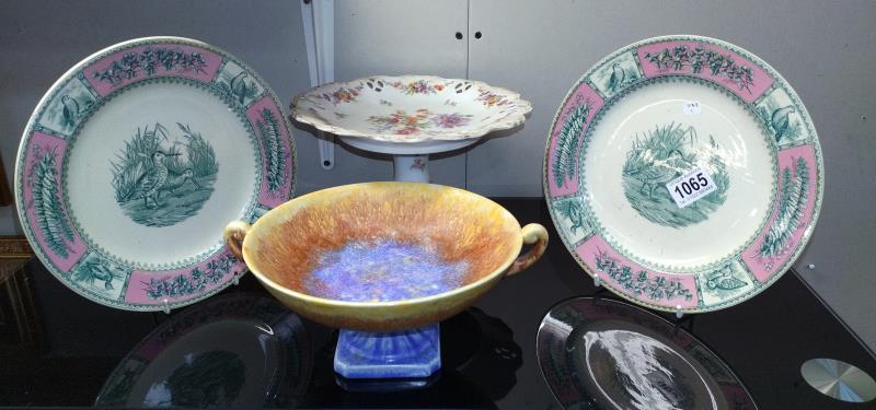 An Empire comport, Edwardian comport and pair of Belmont game bird plates